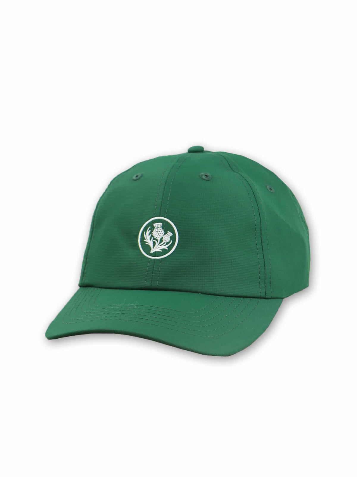Green baseball cap with a white thistle emblem on the front. The cap's simple design and muted color