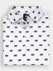 A folded white polo shirt features a repeating pattern of colorful flags and has a buttoned collar.
