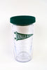 Clear cylindrical tumbler with green pennant logo reading "Donald Ross" and matching green lid.