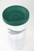 Green and white Donald Ross travel tumbler with a secure lid and central stopper mechanism.