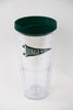 Clear cylindrical tumbler with dark green lid and Donald Ross pennant logo printed on white band.