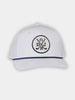 A white Clubmaker Rope Hat featuring a 6-panel structured design, a woven rope across the base of the front panels, and the signature Donald Ross Clubmaker logo.