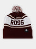 Maroon and white knitted beanie with a pom-pom, featuring the word "ROSS" in bold letters. A small black patch with a logo is on the cuff.