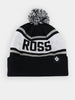 Black and gray beanie with a pom-pom on top, featuring the text "ROSS" in bold letters. The rim has a small emblem patch on the front.