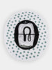 White sun hat with a chin strap, featuring a green and blue pattern on the brim.