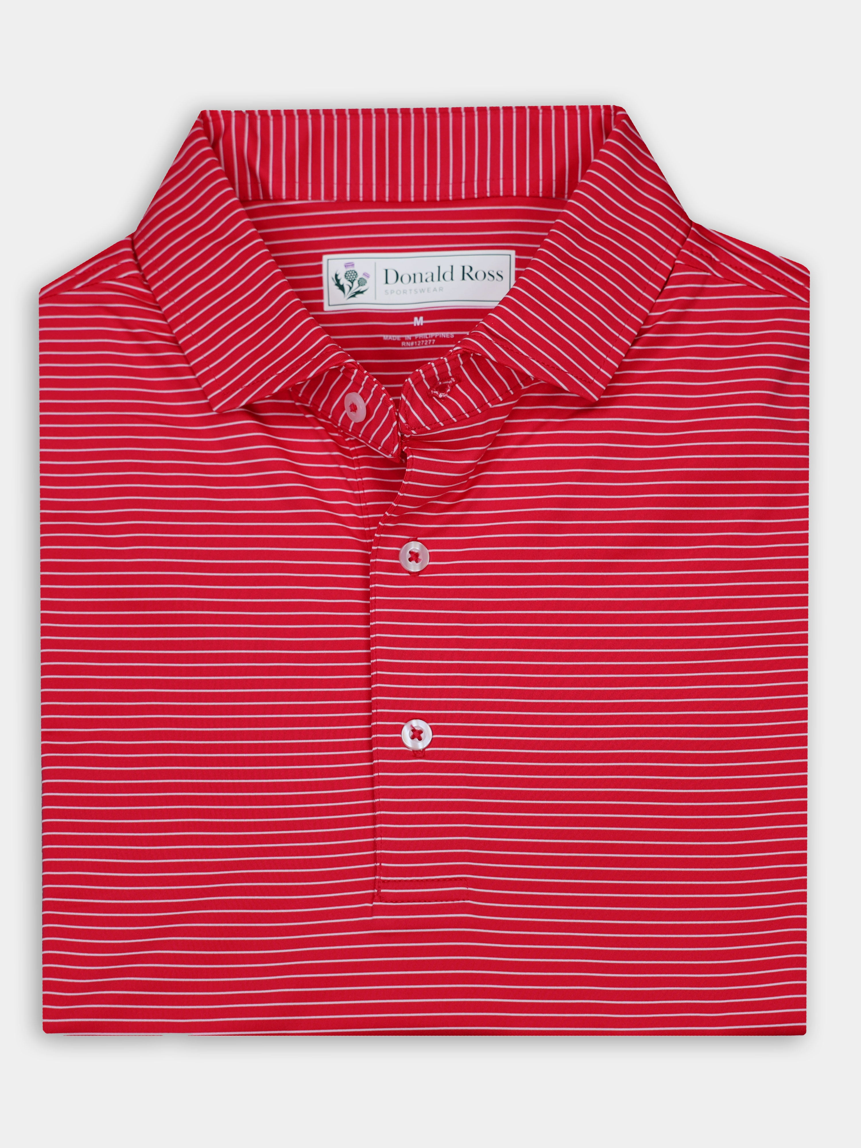Red striped short-sleeve polo shirt with a collared neckline and three buttons at the front.
