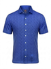Men's short-sleeve button-up shirt in royal blue with subtle geometric jacquard pattern and mother-of-pearl buttons.
