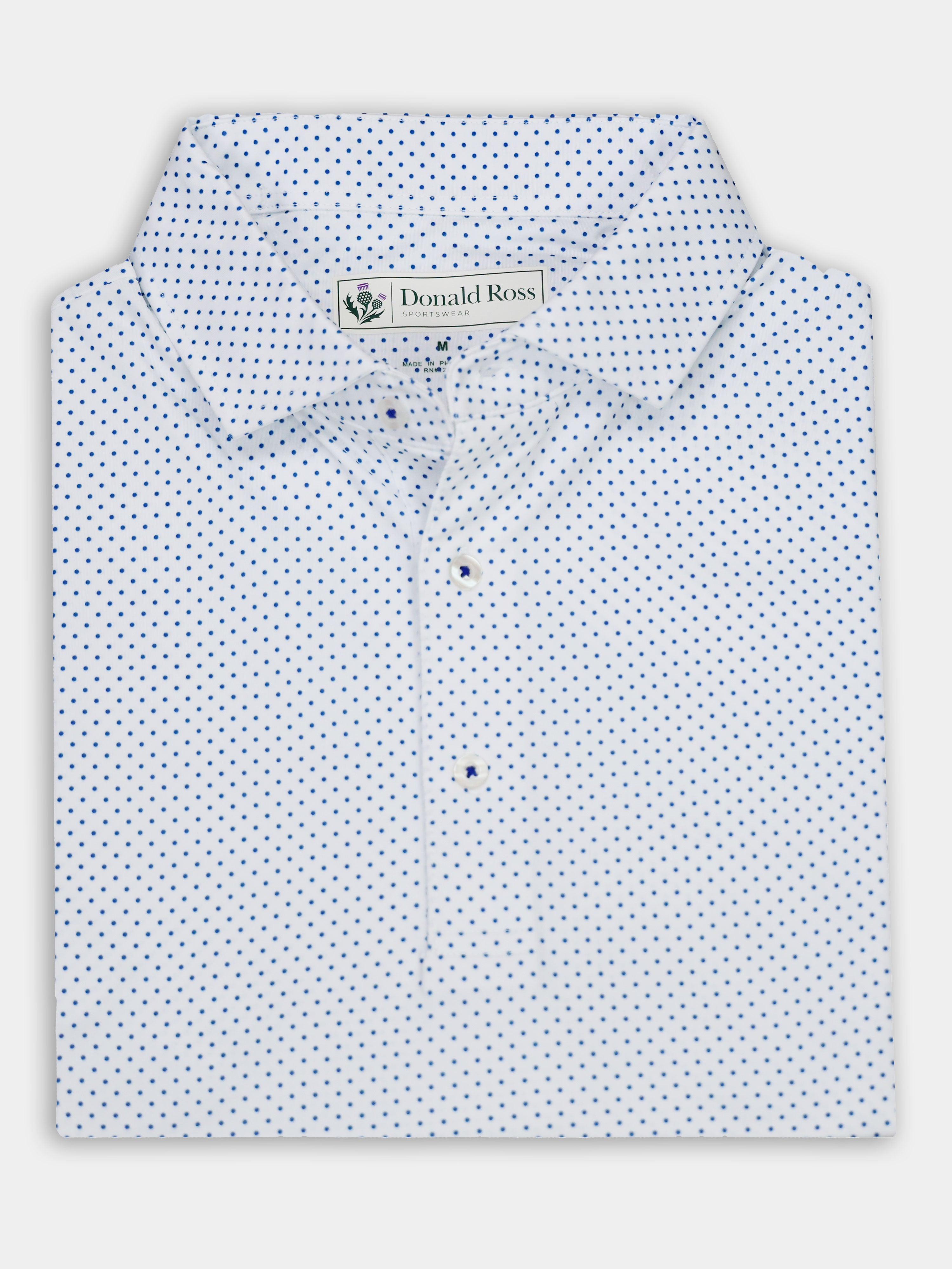 Core Rob Polka Dot Golf Polo - Classic Fit | Donald Ross Sportswear White/Navy / L Core Rob Polka Dot Golf Polo - Classic Fit | Donald Ross Sportswear White/Navy / L