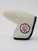Cream-colored wool putter cover with navy trim and embroidered Donald Ross logo in red and navy.
