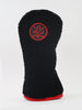 Black wool golf club head cover with red embroidered DJR logo and red trim at the base.