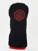 Black textured golf headcover with red embroidered circular logo featuring crossed golf clubs and initials DJR.