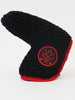 Black knit putter cover with red trim and embroidered red circular logo featuring crossed golf clubs.