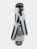 White and black golf stand bag with dual straps and branded logo viewed from above.
