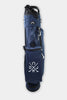 Navy blue golf stand bag with black accents and crossed golf club logo emblem featuring shoulder strap and multiple storage pockets.