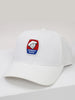 White baseball cap featuring a red and blue embroidered Donnie Ross logo patch on the front.