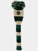 Striped knit golf club head cover in forest green and cream with a pompom top and circular emblem patch.