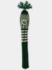 Green and cream knitted golf club cover with a thistle emblem and decorative tassel top.