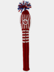 Red and white knit golf club head cover with a maple leaf emblem and coordinating red, white, and blue pom-pom.