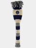 Knitted golf club head cover in navy, cream, and gray stripes with a pom-pom top and embroidered crest logo.