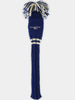 Vintage Donald Ross 1872 blue knit golf club head cover with cream and navy striped band and pom-pom top.