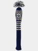 Navy and cream knitted golf club cover with thistle emblem and matching pompom.