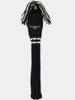 Black knitted golf club head cover with cream striped band and tassel top, embroidered with "Donald Ross 1872."