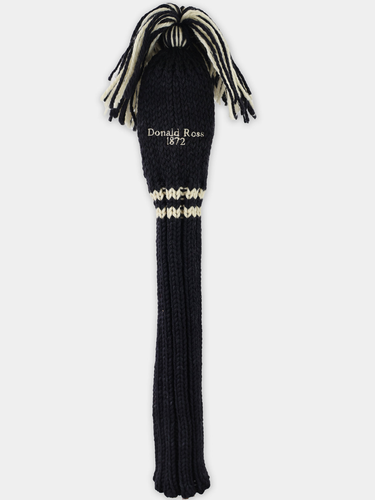 Black knitted golf club head cover with cream striped band and tassel top, embroidered with "Donald Ross 1872."