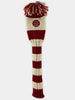 Red and cream striped knit golf club head cover with pom-pom top and embroidered logo.