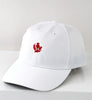 White baseball cap with red thistle embroidery on the front.