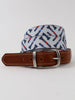 Brown leather belt with silver buckle and white webbing trim featuring navy and red geometric pattern.