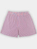 Red and white striped swim shorts with an elasticated waistband displayed against a neutral background.