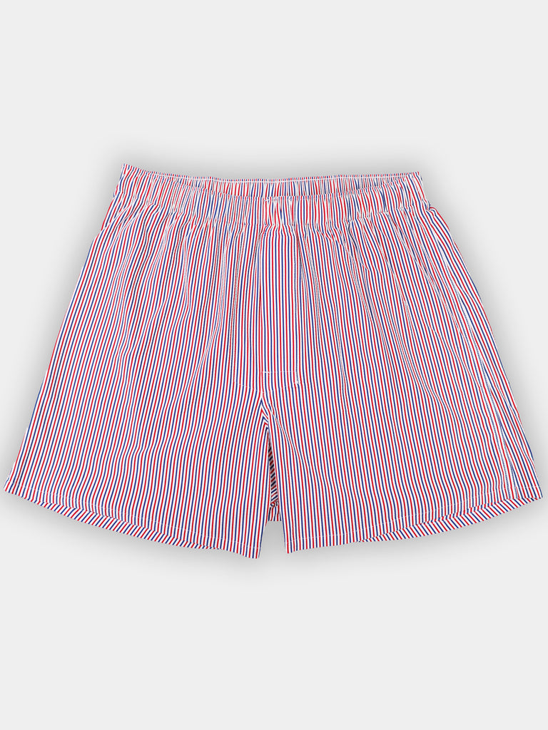 Red and white striped swim shorts with an elasticated waistband displayed against a neutral background.