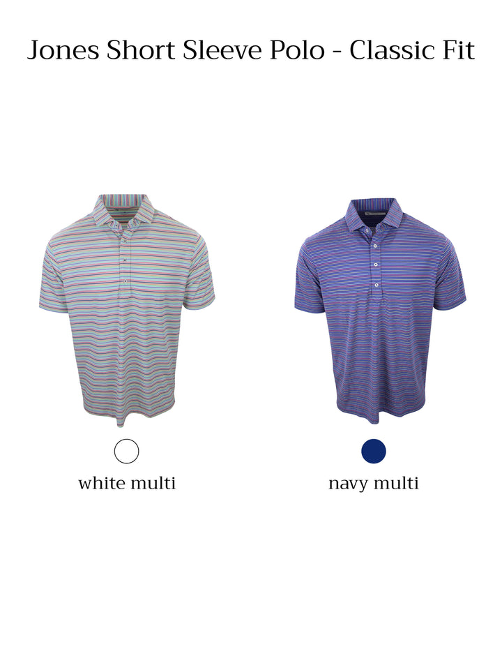 Two short sleeve polo shirts are displayed: one featuring a white base with multicolored stripes on the left and another with a navy base and multicolored stripes on the right.