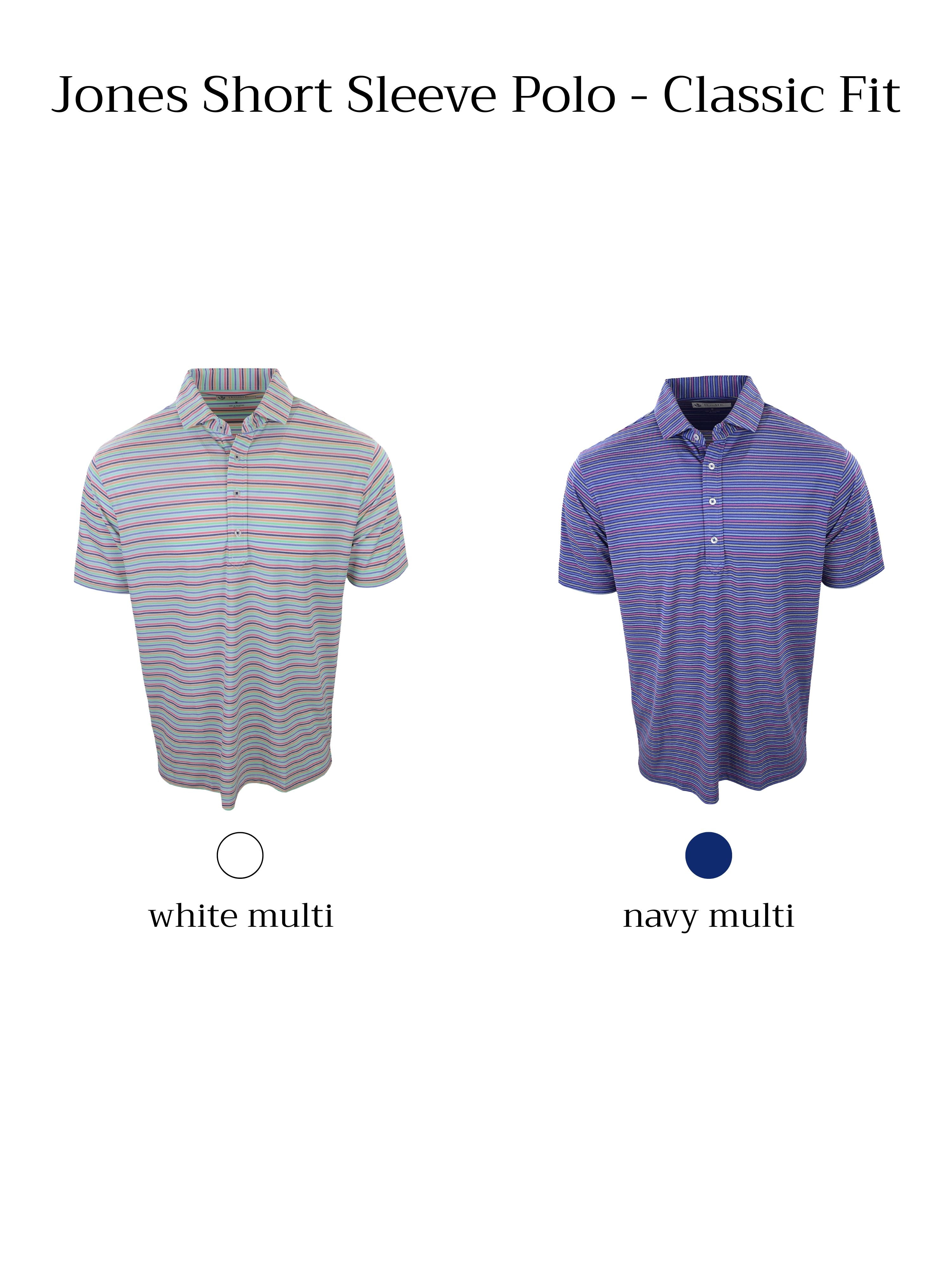 Two short sleeve polo shirts are displayed side by side, one with a multi-colored striped pattern on a white background and the other with a multi-colored striped pattern on a navy background.