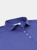 Blue and white striped dress shirt displayed flat with the collar folded open and white buttons visible on the placket.