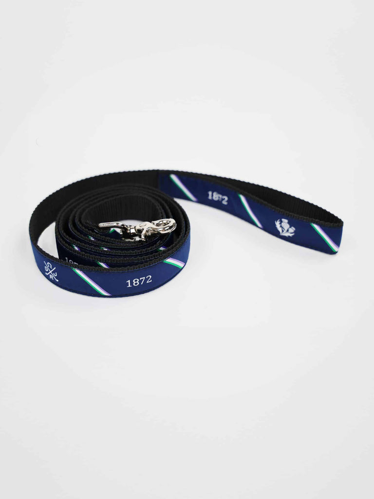 Coiled navy blue dog leash with green and white diagonal stripes, silver clip, and “1872” printed in white