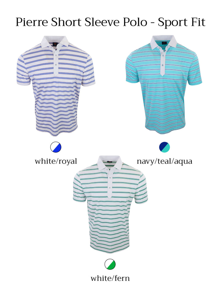 Three short sleeve polo shirts are displayed in varying colors and striped patterns against a white background.