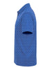 Blue geometric patterned short-sleeve polo shirt displayed on a flat lay against a white background.