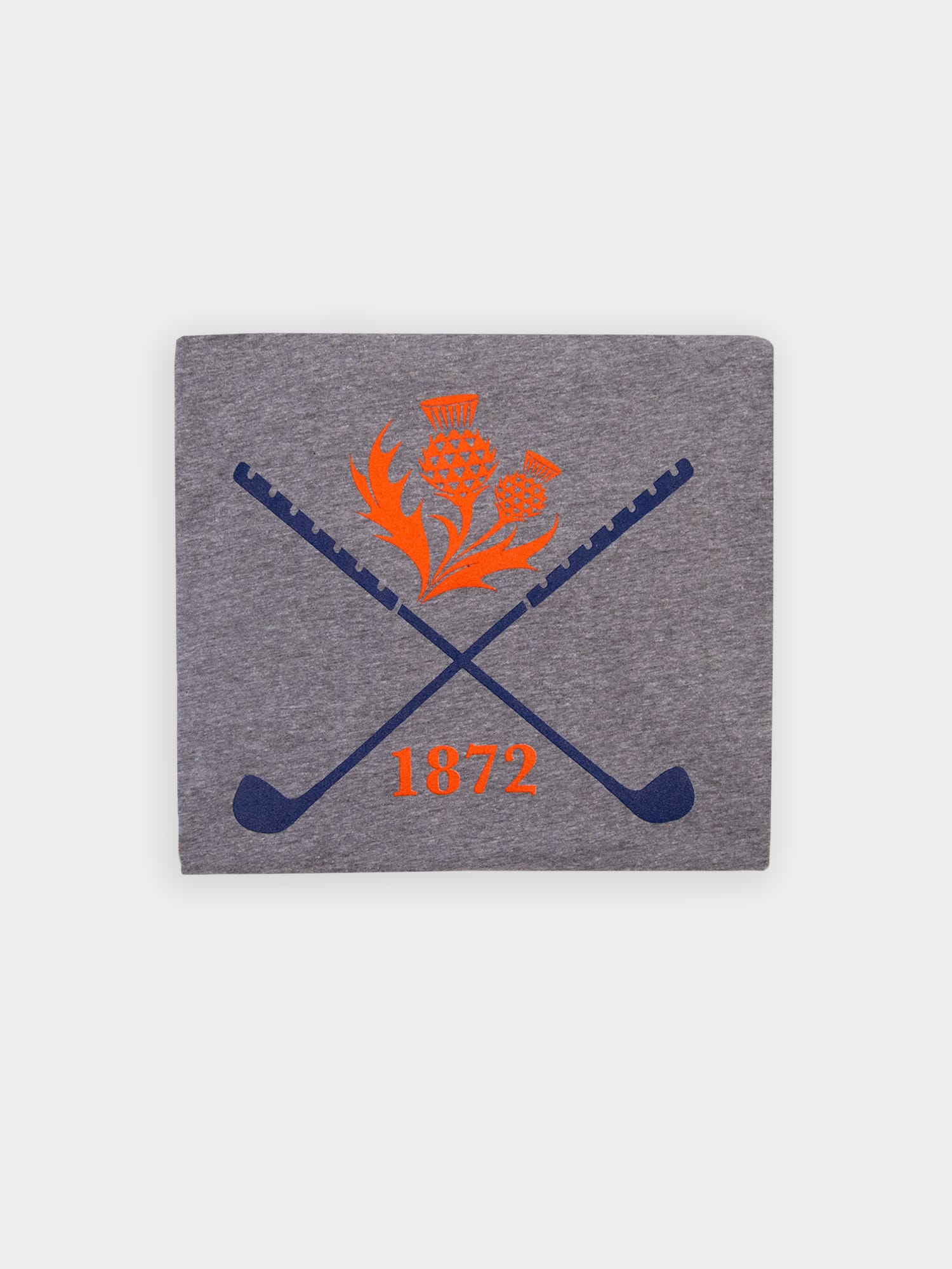 Gray label with a design featuring crossed blue golf clubs, an orange thistle emblem, and the year "1872" in orange.