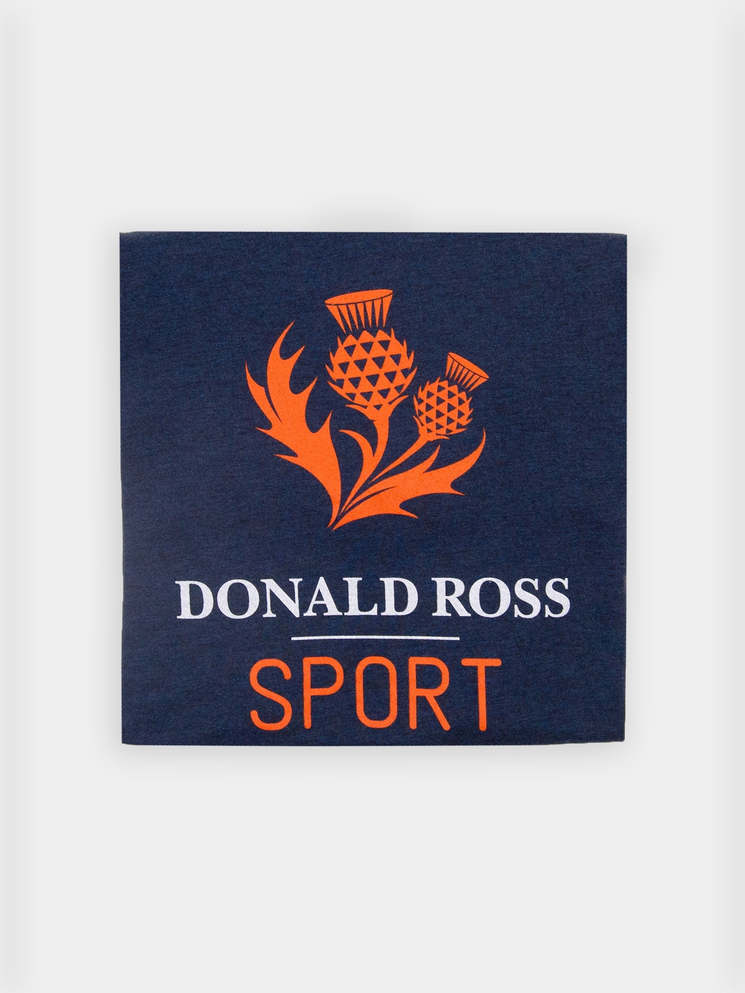 Navy blue square with an orange thistle graphic above white text reading "DONALD ROSS" and orange text "SPORT."