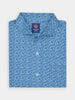 Blue floral-patterned button-up golf shirt folded neatly