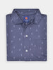 Navy blue button-up shirt with a pattern of small, white golfers