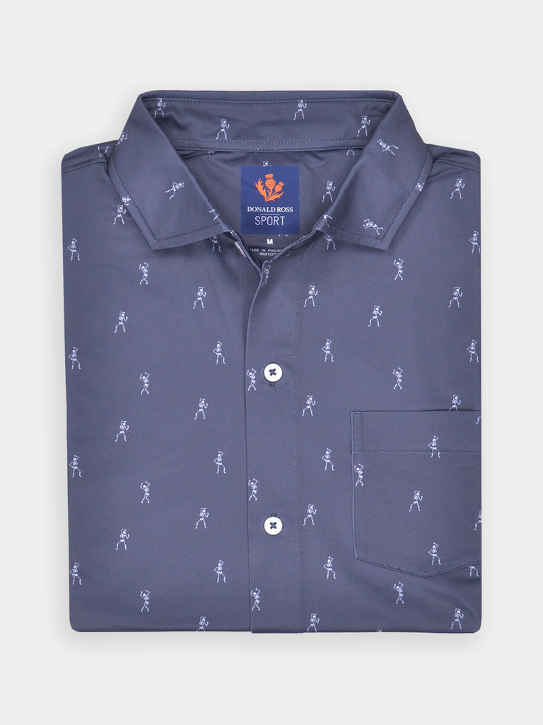 Navy blue button-up shirt with a pattern of small, white golfers
