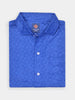 Folded blue golf dress shirt with an intricate swirling pattern, featuring white buttons