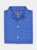 Folded blue shirt with a pattern of white zodiac symbols, featuring a neatly pointed collar and white buttons
