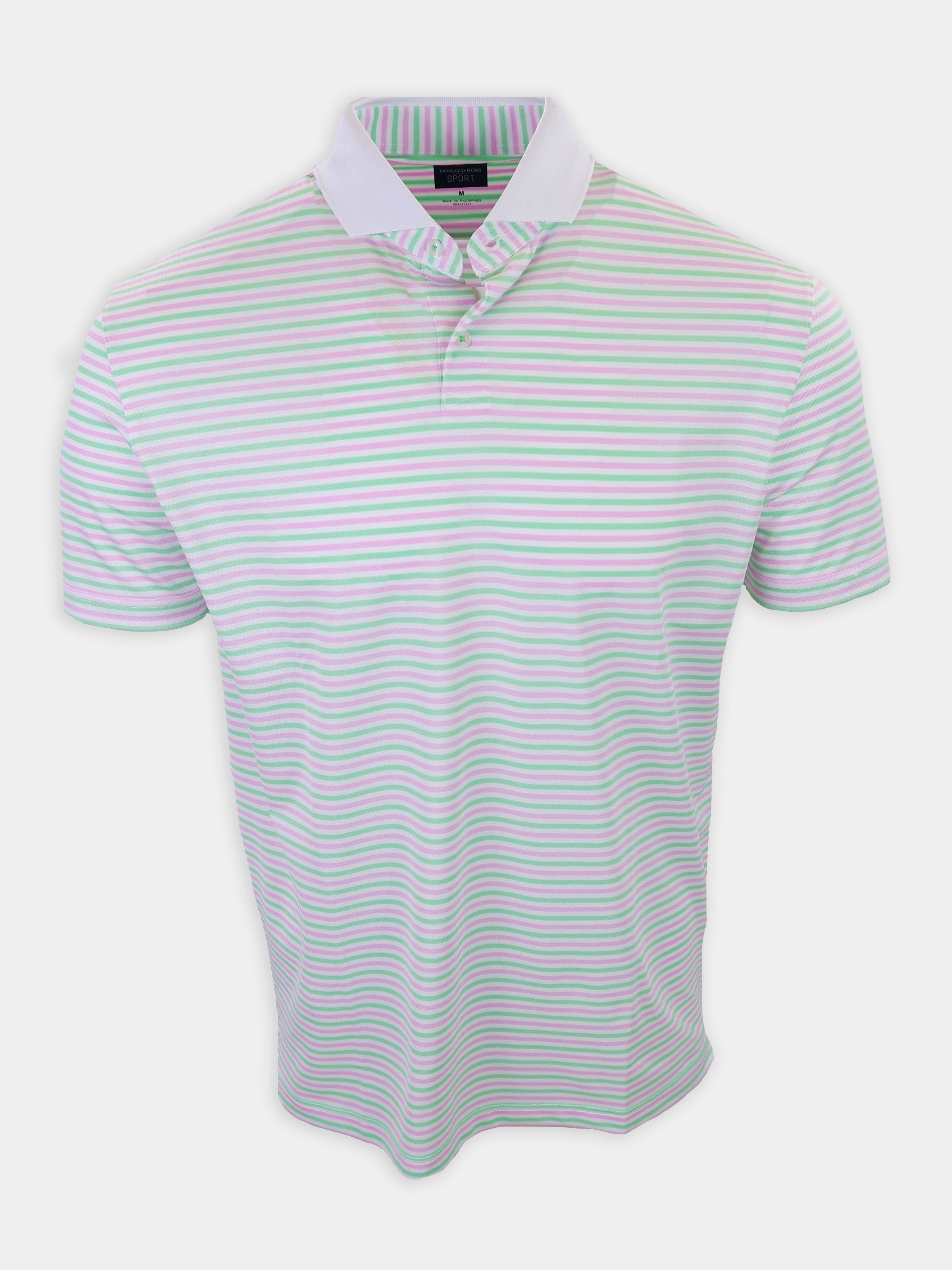 Short-sleeved polo shirt with a white collar and horizontal stripes in pastel green and pink.