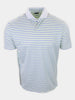 Striped polo shirt in light green and purple, displayed frontally.