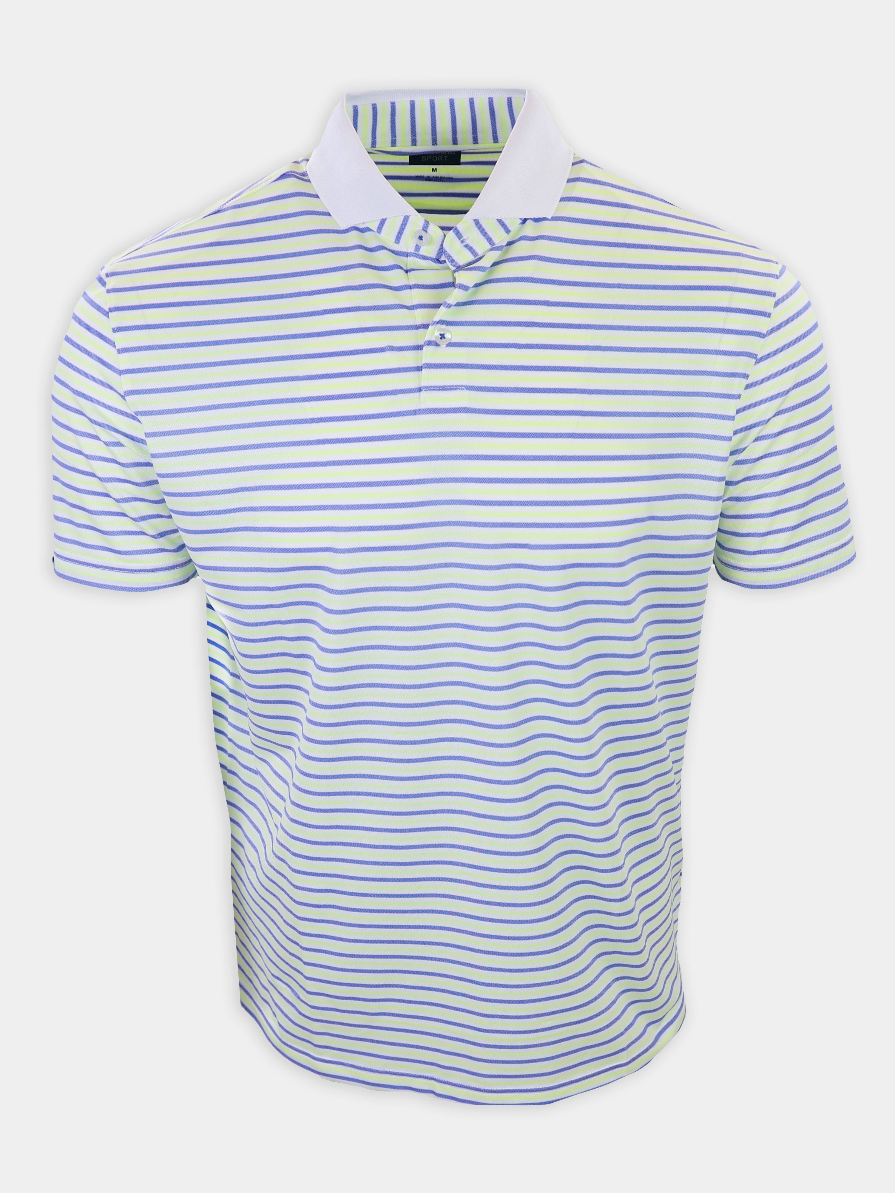 Striped polo shirt in light green and purple, displayed frontally.