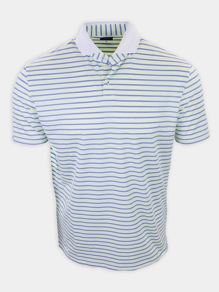 Striped polo shirt in light green and purple, displayed frontally.