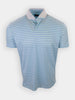 Light blue polo shirt with horizontal stripes in darker blue and purple, displayed on a white background.